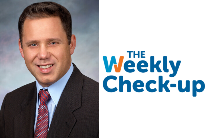 Headshot of Dr. Elmore and Weekly Check-up Logo
