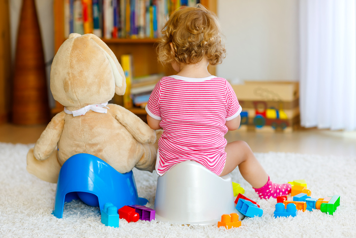 Closeup of cute little 12 months old toddler baby girl child sitting on potty. Kid playing with big plush soft toy. Toilet training concept. Baby learning, development steps.