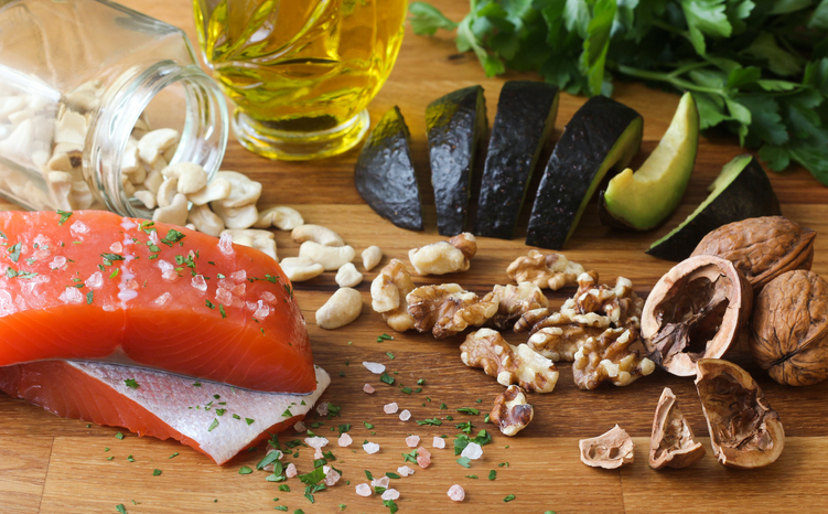 A table with many examples of foods in a mediterranean diet, such as salmon and avocados, proving that mediterranean diet lowers risk of chronic kidney disease